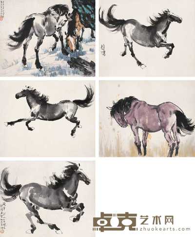 徐悲鸿 1940年作 画马册 册页(五开) 30×37cm×5